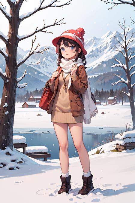 389907-877811682-full body, masterpiece,best quality,landscape,landscape,(1girl, tall, matured_1.2),sweater,bubble hat,scarf,snow,snowy mountain,.png